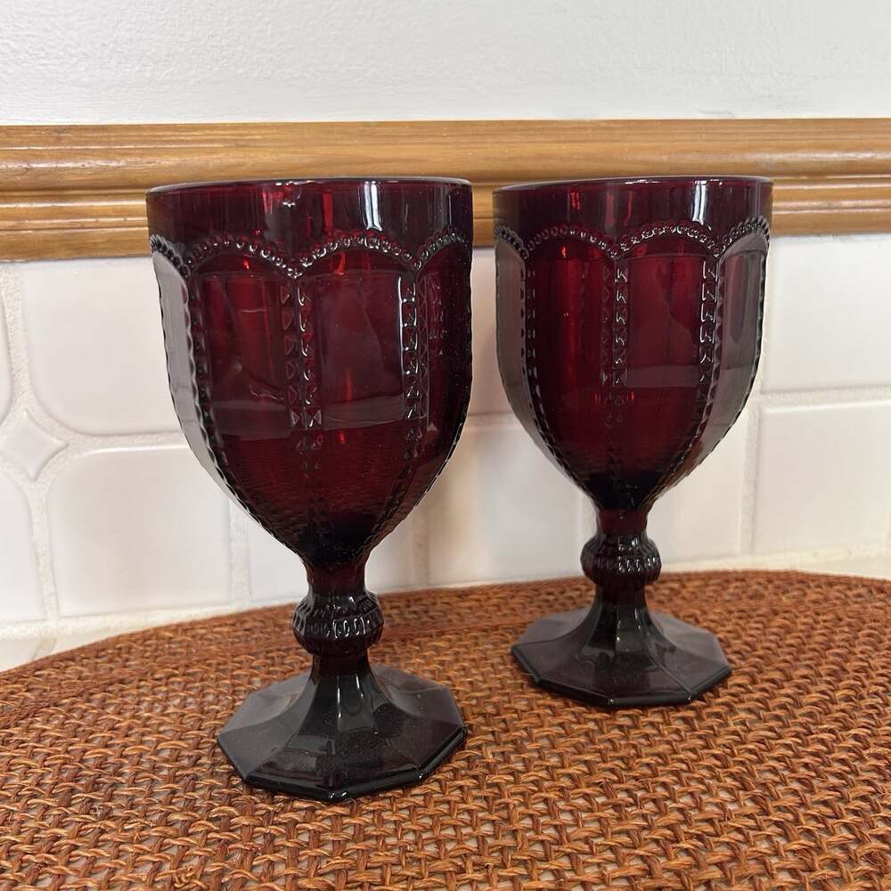 Vintage Ruby Red Goblets Wine Glasses Set Of 2 Hobnail Arch Pattern Pedestal